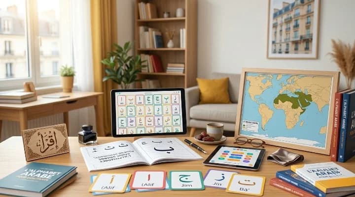 Tableau complet de l'alphabet arabe avec les 28 lettres et leurs formes — Clavier Arabe en Ligne