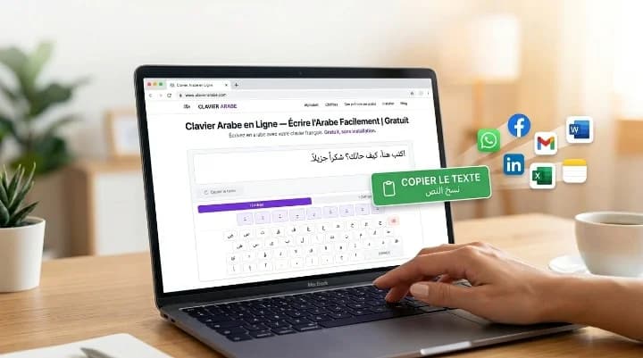 Clavier arabe français en ligne sur MacBook — saisie de texte arabe et copier-coller vers WhatsApp, Gmail et Word avec un clavier français AZERTY