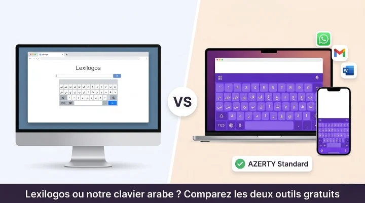 Comparatif clavier arabe Lexilogos vs alternative AZERTY moderne — interface desktop basique à gauche, clavier arabe virtuel responsive violet compatible mobile et PC à droite