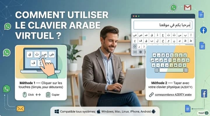 Comment utiliser le clavier arabe virtuel — méthode 1 cliquer sur les touches arabes, méthode 2 taper avec clavier AZERTY physique, compatible Windows, Mac, iPhone et Android