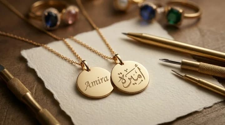 Calligraphie arabe artistique sur bijou — prénom gravé en arabe | Clavier Arabe en Ligne